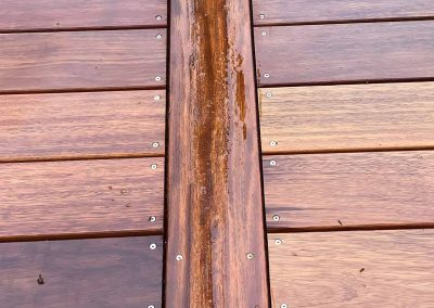 Close-up of freshly oiled hardwood deck boards