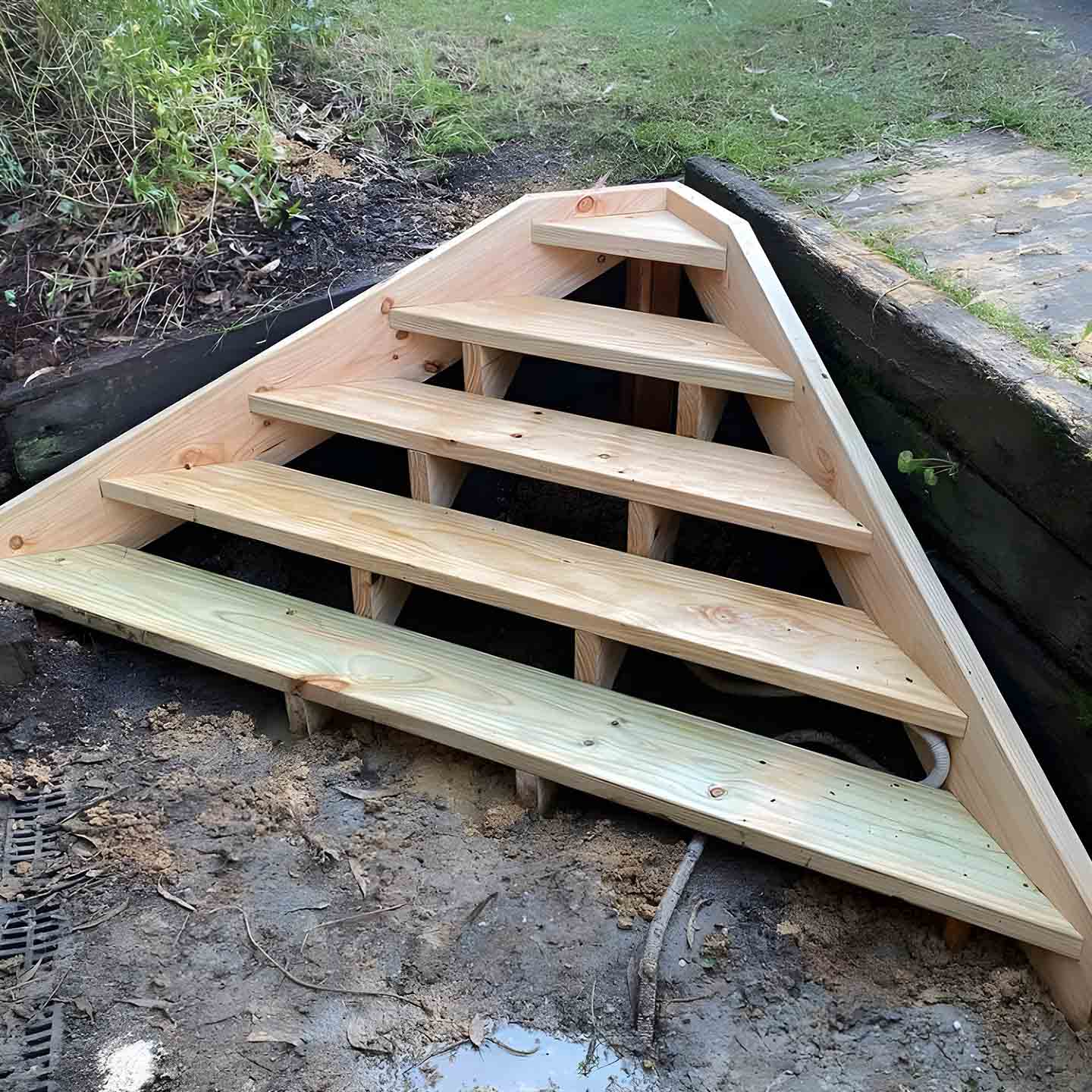 Treated pine steps built against a sleeper retaining wall
